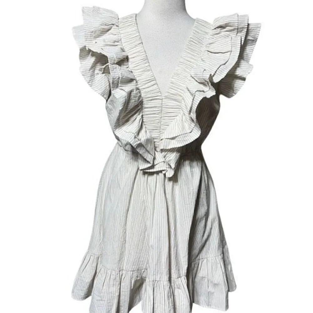 Karlie Striped London Double V-neck Ruffled Mini Dress Medium